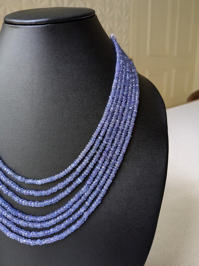 Tanzanite 7 Layer Faceted Rondelle  3 - 4.5 mm Gemstone Beads 16 Inches Necklace