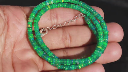 Natural Ethiopian Green Fire Opal Bead Smooth Rondelle 16 Inches Necklace